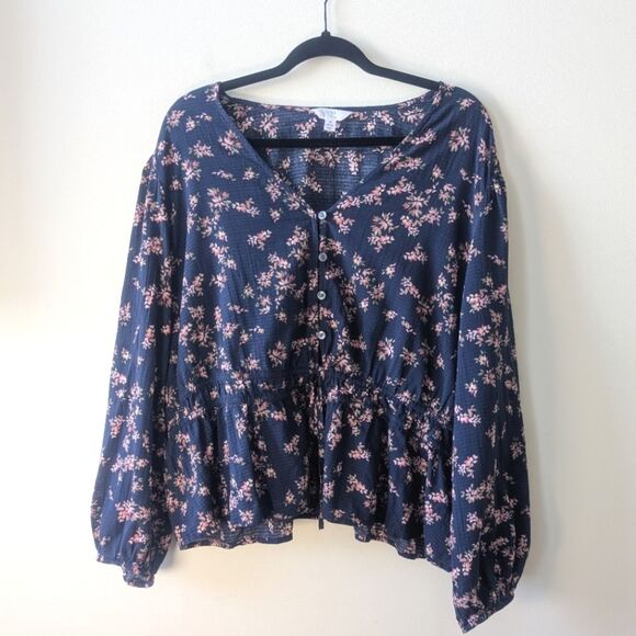 Time and Tru Women's Floral Print Tie Waist Blouse Ditsy Trails Dark Navy 2X - Picture 3 of 7